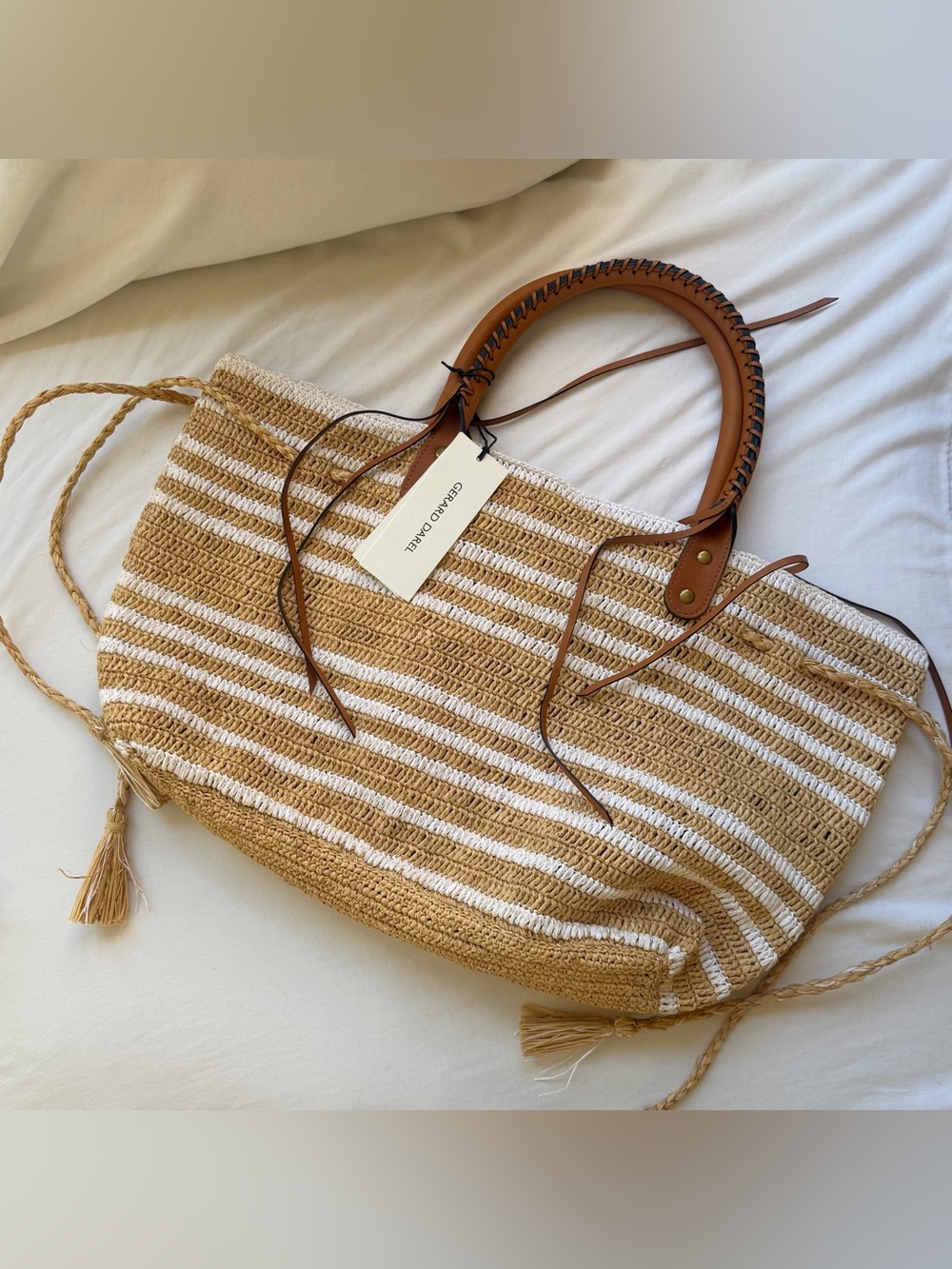 NWT GERARD DAREL 24 GD Raphia White Crochet Tote Bag with Leather Handles $495 - Picture 2 of 10